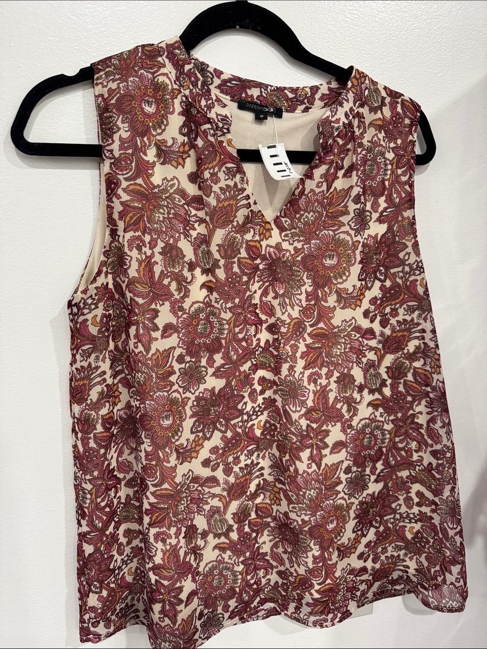 Papermoon Cream and Burgundy Floral Sleeveless Keyhole Top
